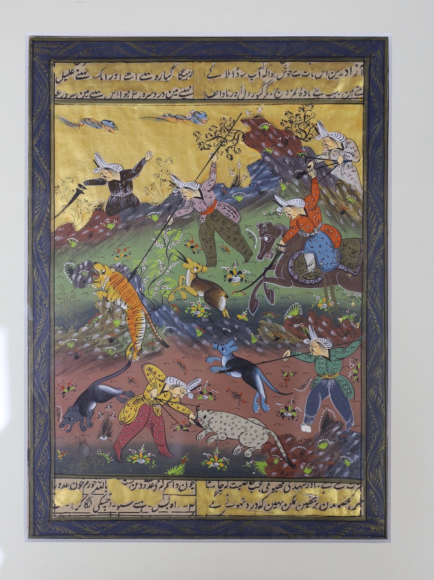 Persian School, five gouaches, Hunting scenes with inscriptions to the margins, 23 x 14cm